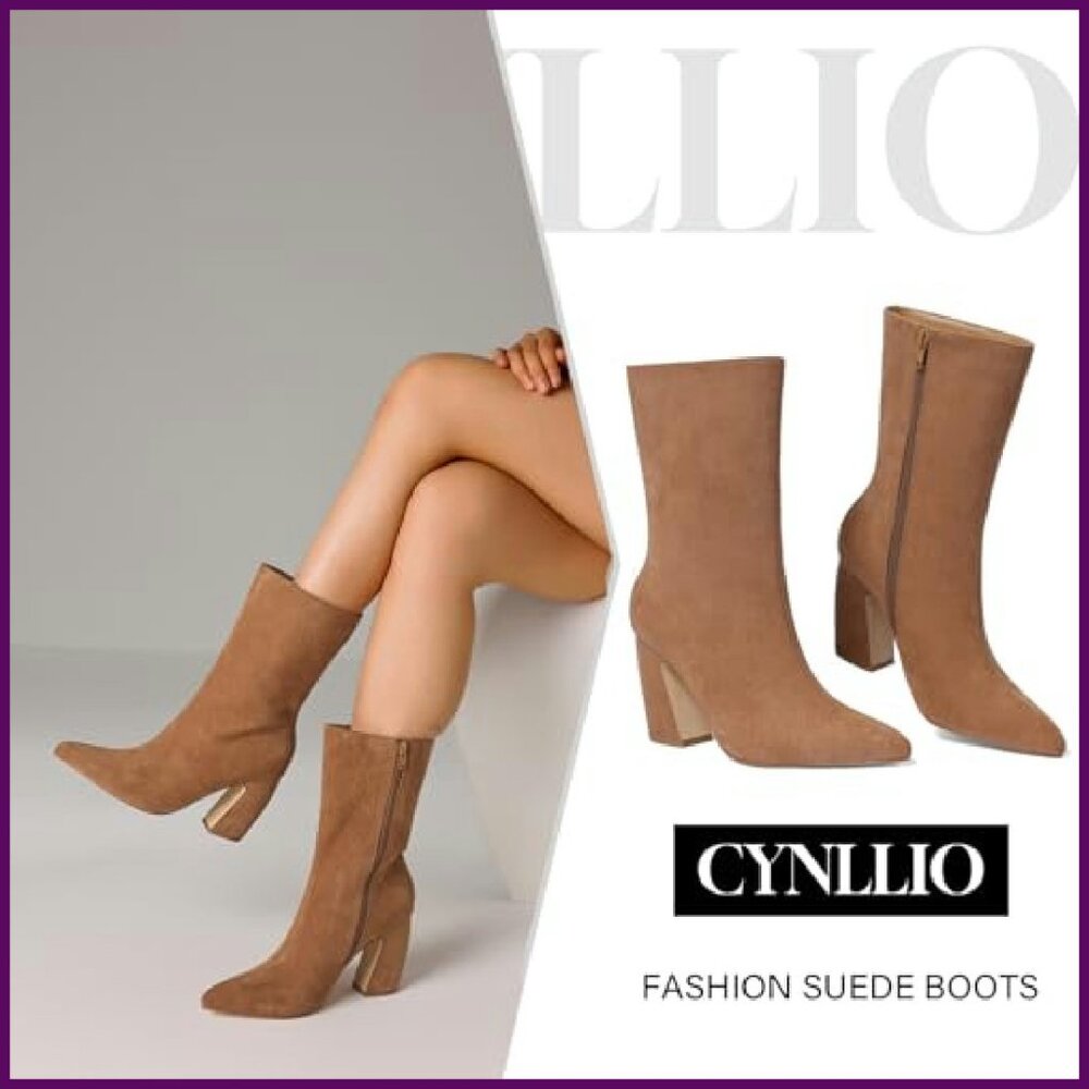 Women's Suede Ankle Boots Pointed Toe 3.35" Heel Wide Calf Winter Booties - Picture 7 of 8